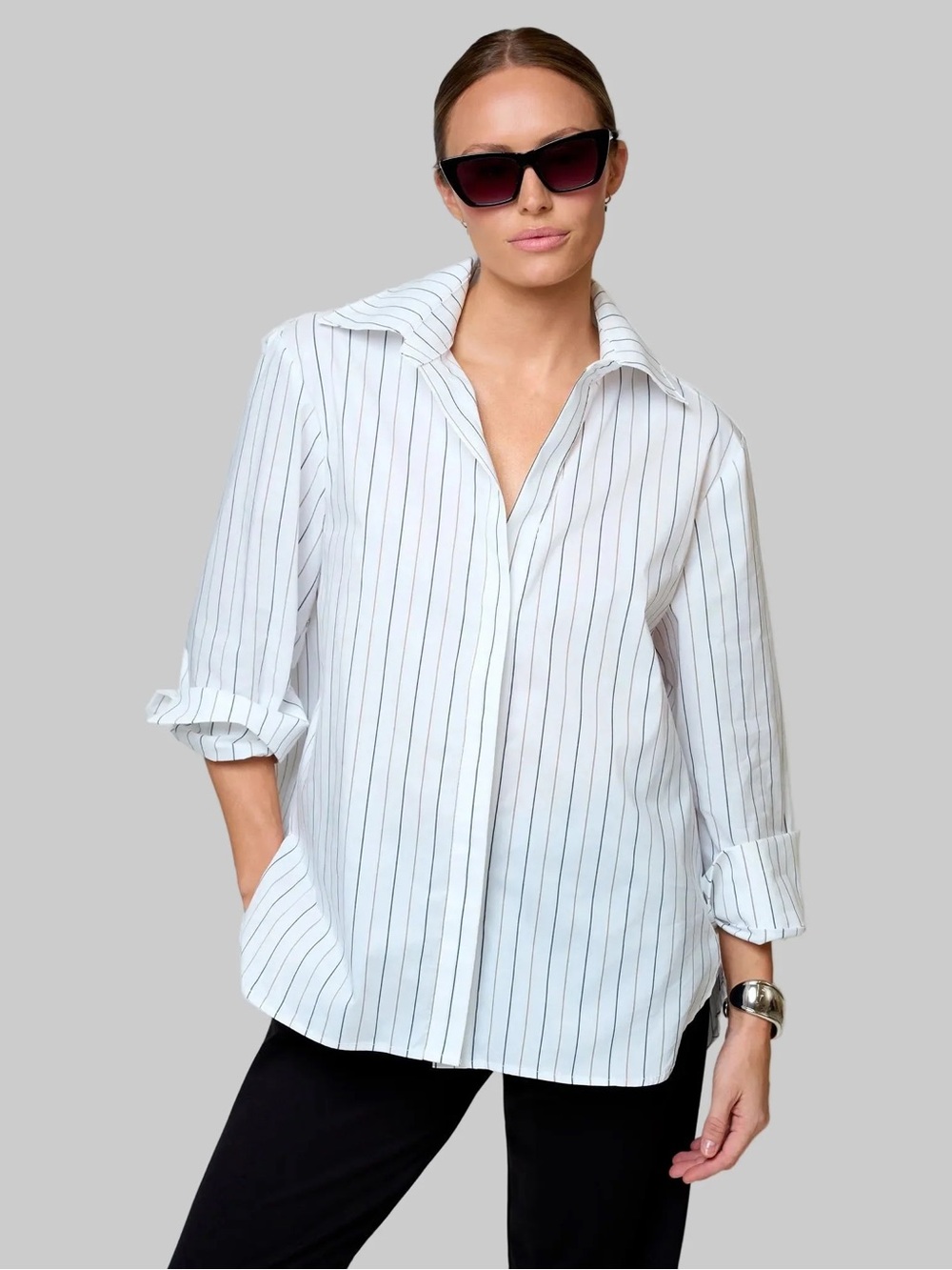 $295 THE KNO NO BUTTON OVERSIZED STRIPED SHIRT